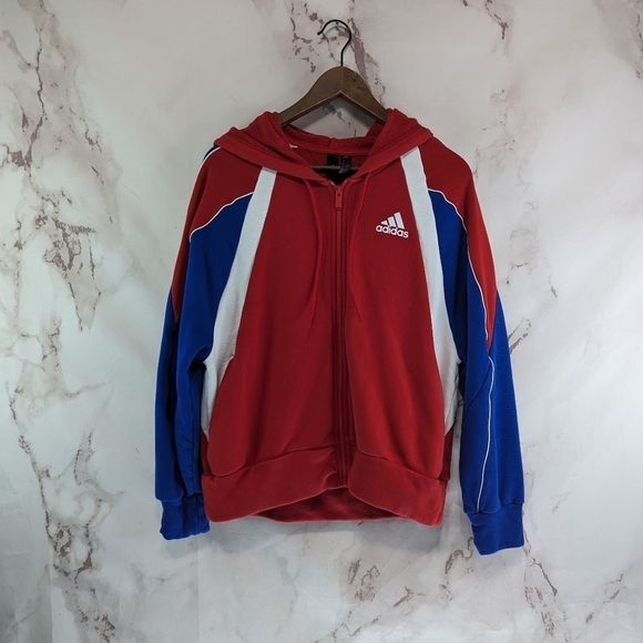 Adidas Hoodie Women Large White Blue Sweatshirt Zip Jacket Drop Shoulder FS2455 - Picture 1 of 11
